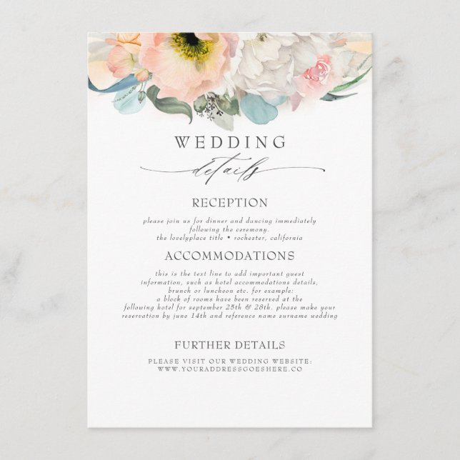 Peach Pink Coloured Flowers Wedding Information Enclosure Card (Front)