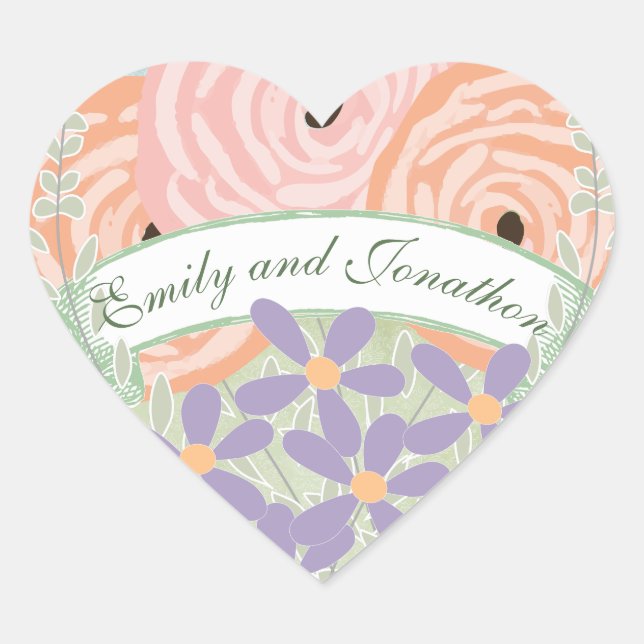 Peach Pink Coral Green Lavender Floral Wedding  Heart Sticker (Front)