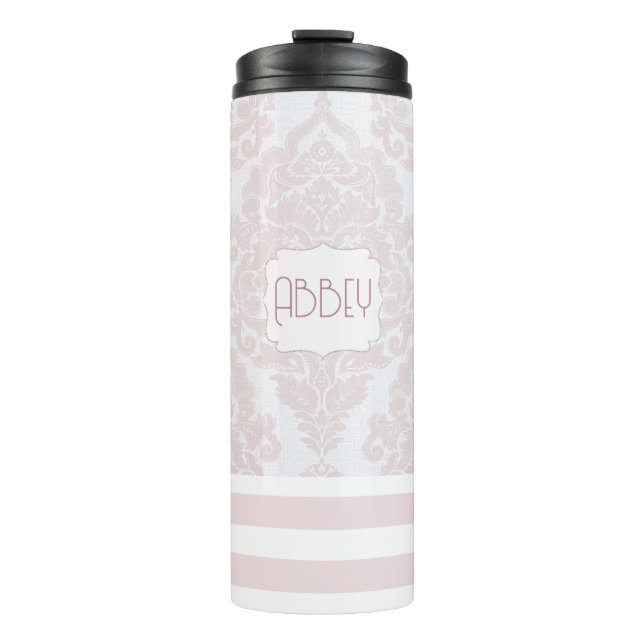 Peach/Pink Damask Striped Water Bottle (Front)