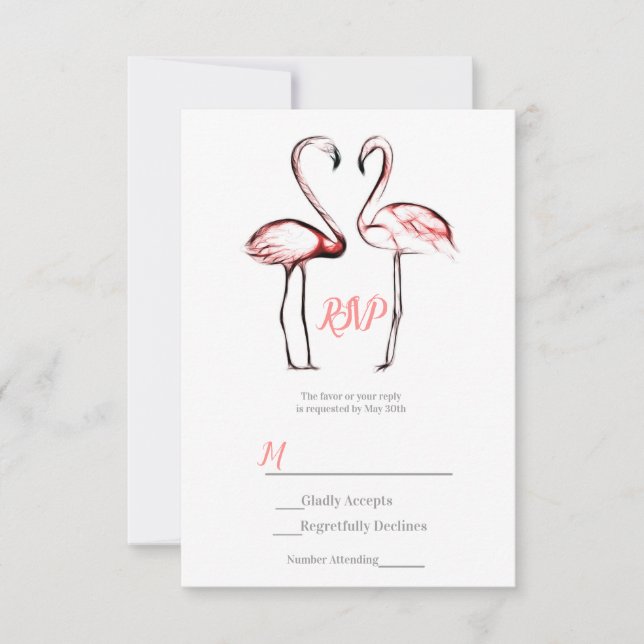 Peach Pink Flamingos Flamingo Elegant Wedding RSVP Card (Front)