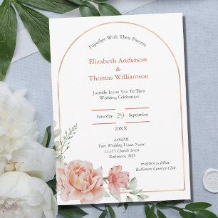 Peach Pink Floral Arch Border Elegant Wedding Invitation