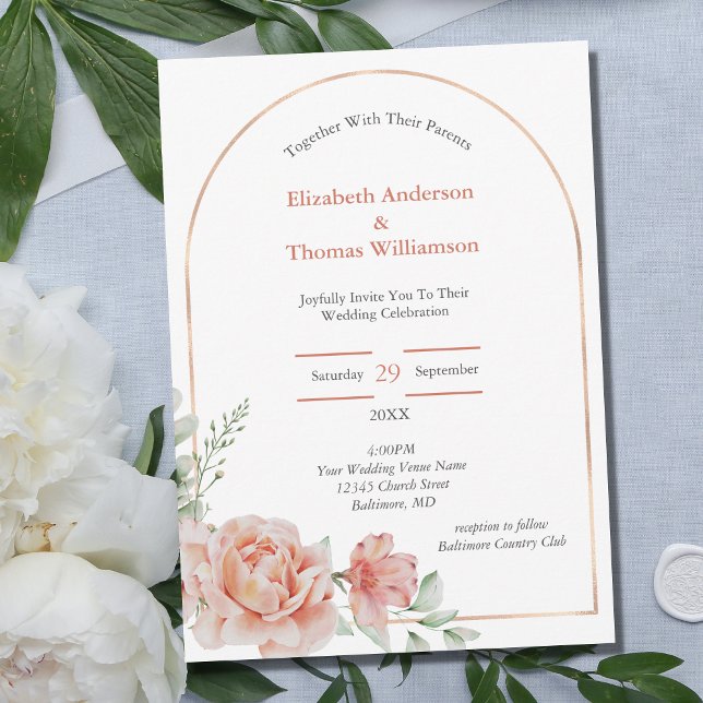 Peach Pink Floral Arch Border Elegant Wedding Invitation (Creator Uploaded)