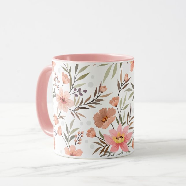 Peach Pink Floral Botanical Mug (Front Left)