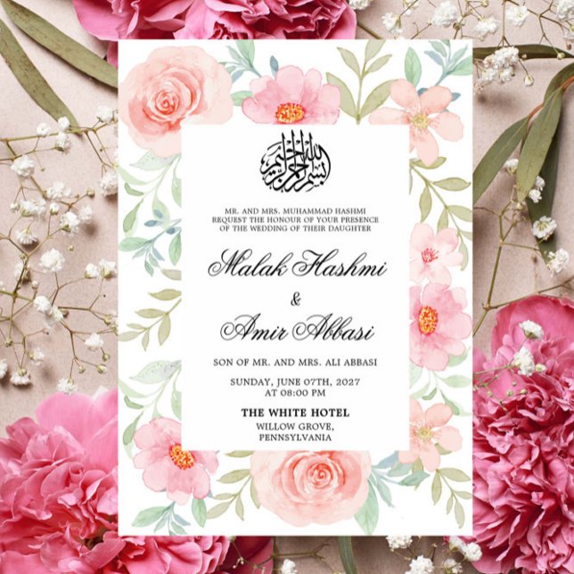 Peach & Pink Floral Design Islamic Muslim Wedding Invitation (Creator Uploaded)
