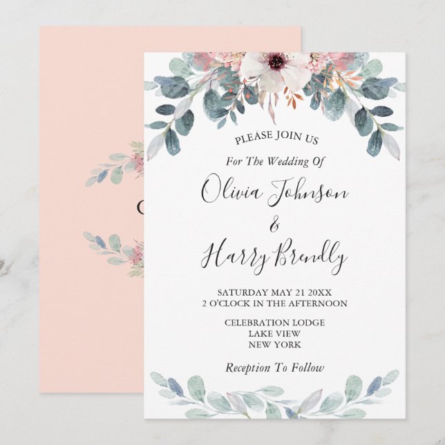 Peach Pink Floral Eucalyptus Greenery Wedding   Invitation (Front/Back)
