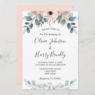 Peach Pink Floral Eucalyptus Greenery Wedding Invitation