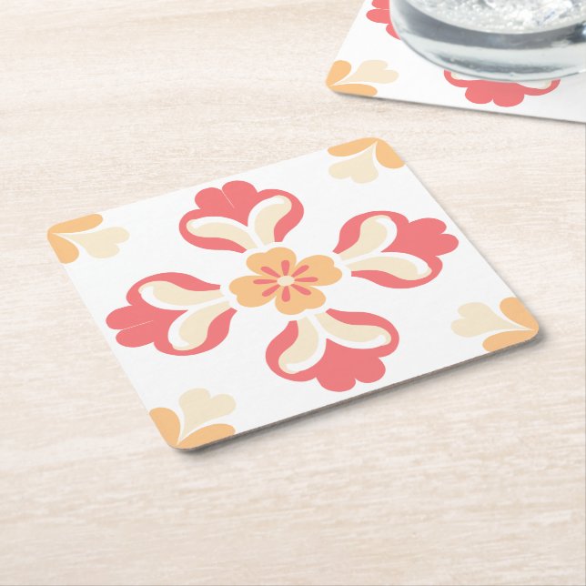 Peach Pink Floral Square Paper Coaster (Angled)