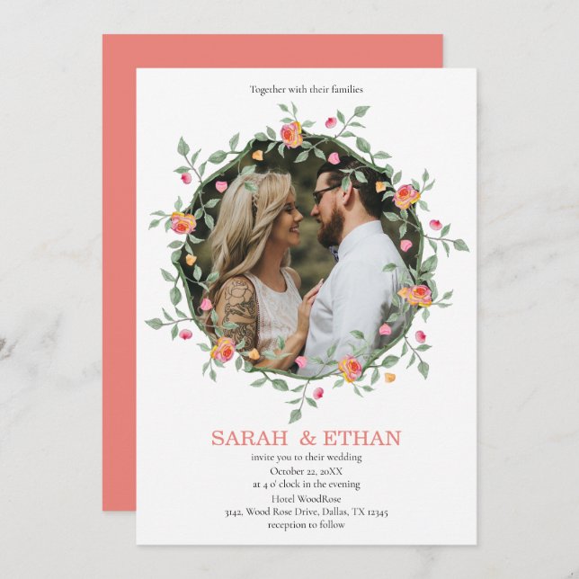 Peach Pink Floral Wreath Custom Photo Wedding Invitation (Front/Back)