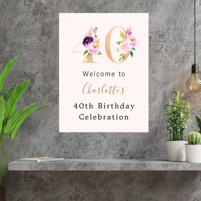 Peach pink florals number 40th birthday welcome poster (Creator Uploaded)