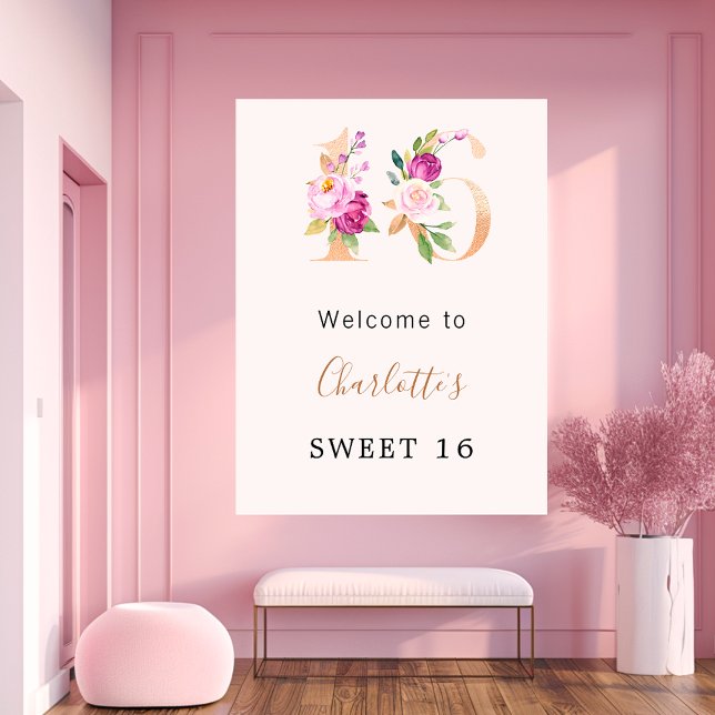 Peach pink florals number Sweet 16 welcome Poster (Creator Uploaded)