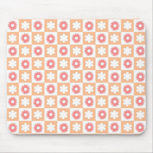 Peach Pink Flower Chequerboard Modern Retro  Mouse Pad