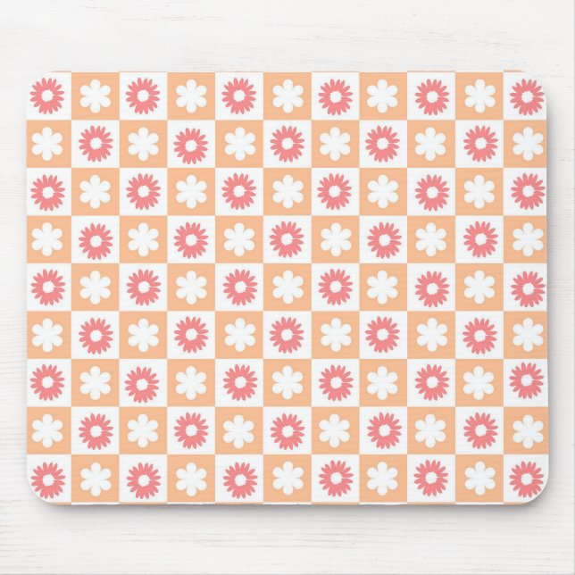 Peach Pink Flower Chequerboard Modern Retro  Mouse Pad (Front)