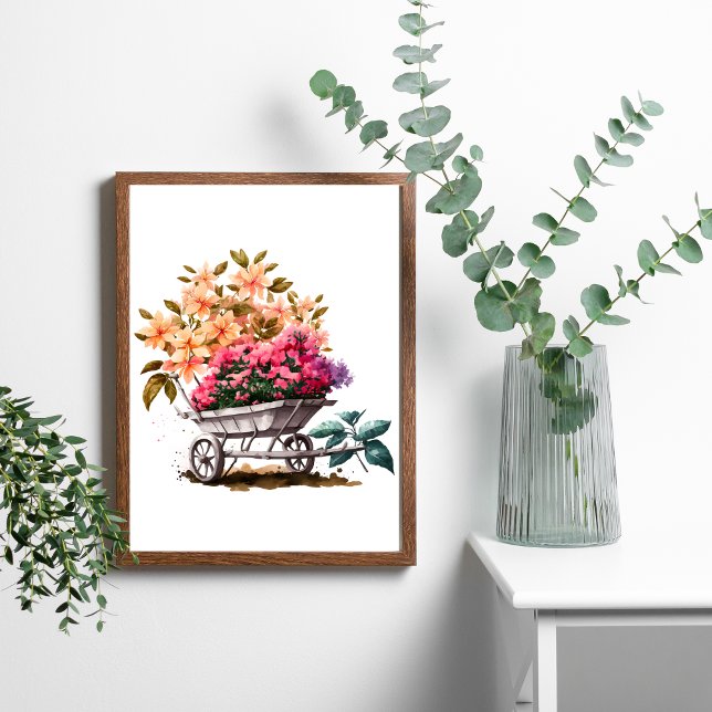 Peach Pink Flowers in White Wheel Barrel Greenery Poster (Peach Pink Flowers in Wheelbarrel Watercolor Art poster.)