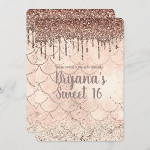 Peach Pink Glitter Drip Mermaid Sweet 16 Party Invitation