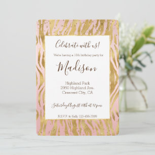 Peach Pink Gold Glitz Sparkle Zebra Print Invitation
