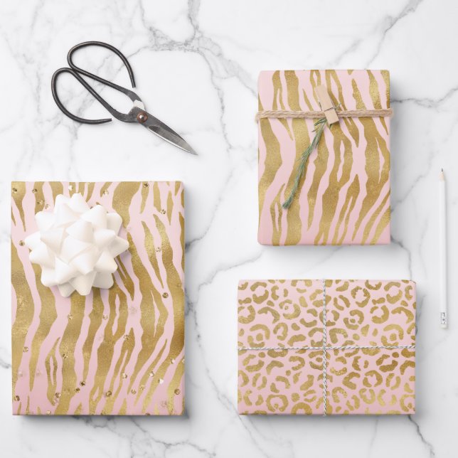 Peach Pink Gold Glitz Sparkle Zebra Print   Wrapping Paper Sheet (Front)