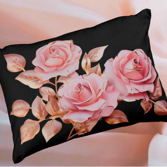 Peach Pink Gold Roses on Black Decorative Cushion (Peach pink gold vintage roses on black background.)