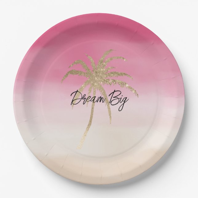 Peach Pink Gold Tropical Palm Tree Paper Plate (Front)