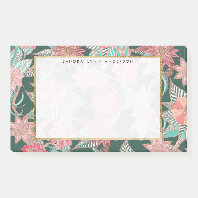 Peach Pink Green Hand Drawn Floral Pattern Post-it Notes (Front)