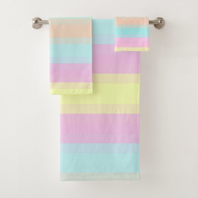 Peach Pink Green Purple Pastel Stripes Pattern  Bath Towel Set (Insitu)