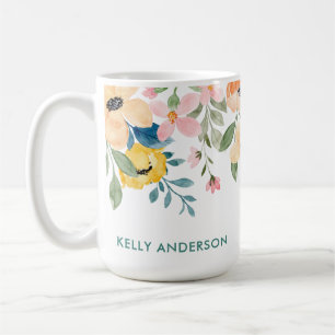 Peach Pink Grey Botanical Watercolor Floral Border Coffee Mug