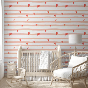 Peach Pink Hearts and Stripes Pattern - Nursery Wallpaper