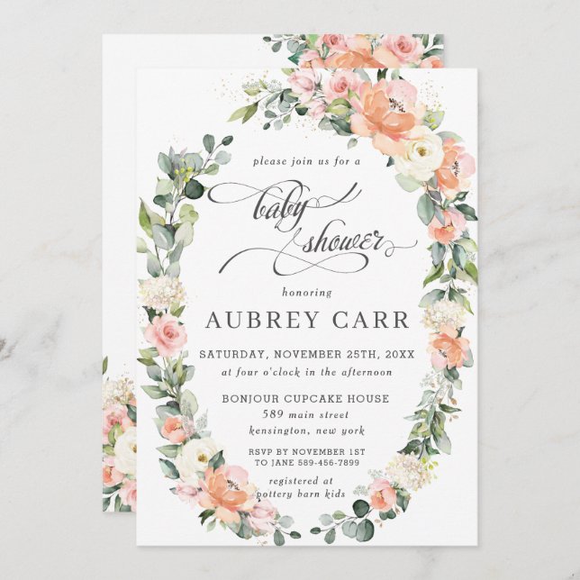 Peach Pink Ivory Floral Leafy Wreath Baby Shower Invitation (Front/Back)