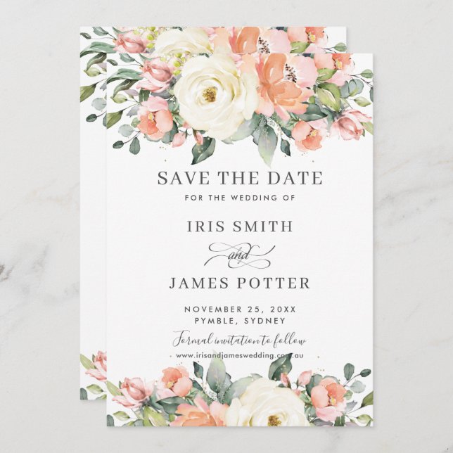 Peach Pink Ivory Floral Wedding Save the Date Card (Front/Back)