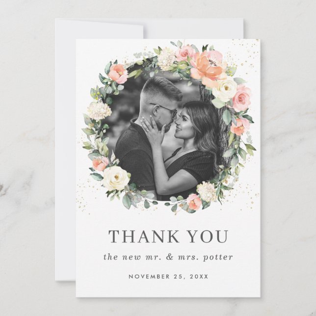 Peach Pink Ivory White Floral Wreath Wedding Photo Thank You Card (Front)
