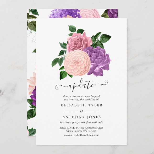 Peach Pink & Lavender Purple Floral Wedding Update Invitation (Front/Back)