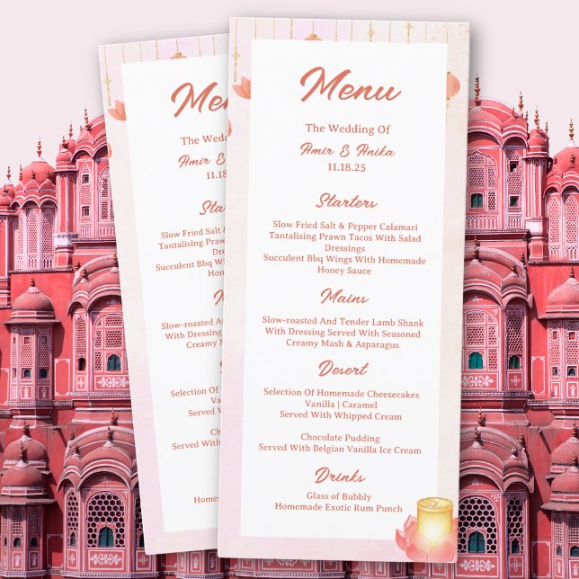 Peach Pink Lotus Lanterns Indian Wedding Menu (Creator Uploaded)