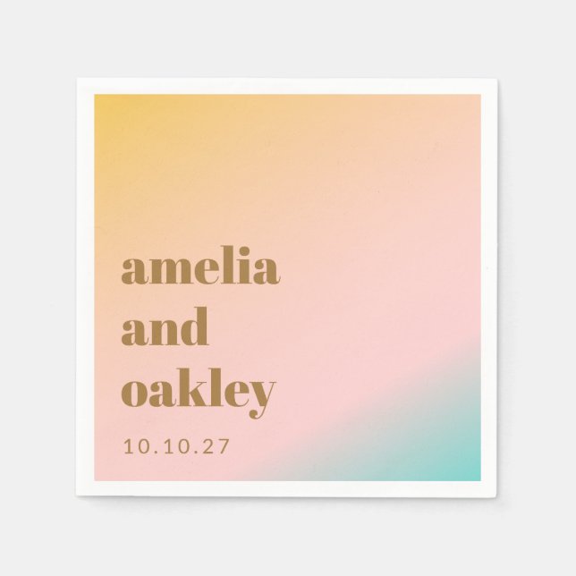 Peach Pink Mint Gradient Couple Names Wedding Date Napkin (Front)