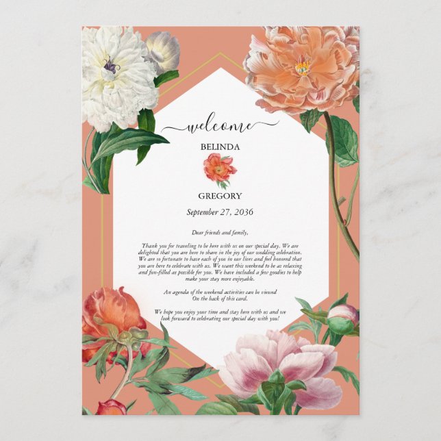 Peach Pink Peonies Flowers Wedding Itinerary  Program (Front)