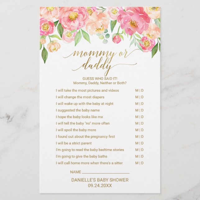 Peach & Pink Peony Flower Baby Word Scramble Game (Front)