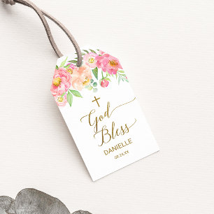 Peach & Pink Peony Flowers God Bless Baptism Favou Gift Tags