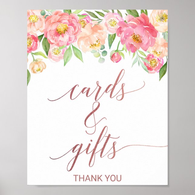 Peach & Pink Peony Rose Gold Cards and Gifts Sign (Front)