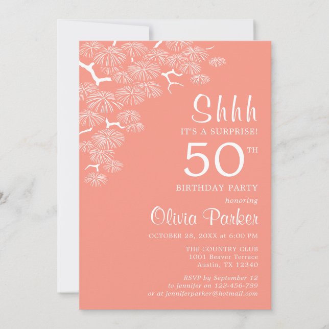 Peach Pink Pine Branch Surprise 50th Birthday Invitation (Front)