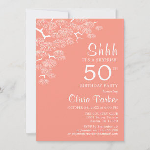 Peach Pink Pine Branch Surprise 50th Birthday Invitation