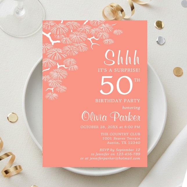 Peach Pink Pine Branch Surprise 50th Birthday Invitation (Creator Uploaded)