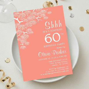 Peach Pink Pine Branch Surprise 60th Birthday Invitation