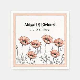 Peach pink poppies wildflowers floral wedding napkin