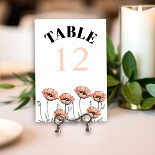 Peach pink poppies wildflowers floral wedding table number
