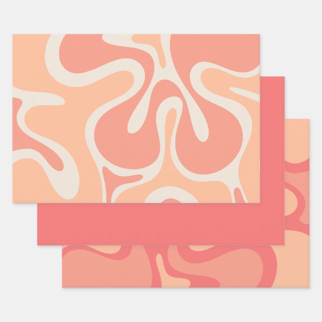 Peach Pink Retro Abstract Patterns Wrapping Paper Sheet (Set)
