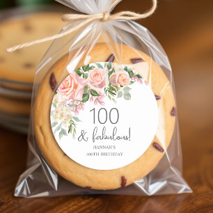 Peach Pink Rose Floral 100th Birthday Classic Round Sticker