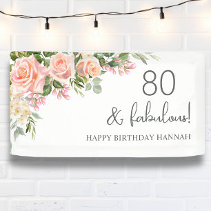 Peach Pink Rose Floral 80th Birthday Banner