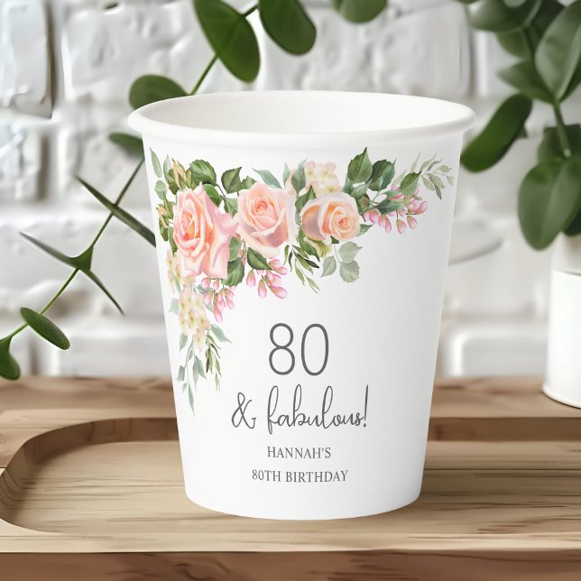 Peach Pink Rose Floral 80th Birthday  Paper Cups (Creator Uploaded)