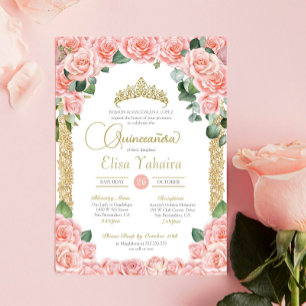 Peach Pink Rose Floral Gold Elegant Quinceanera Invitation