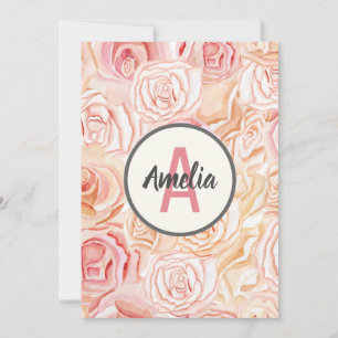 Peach & Pink Rose Watercolor Personalised Monogram Thank You Card
