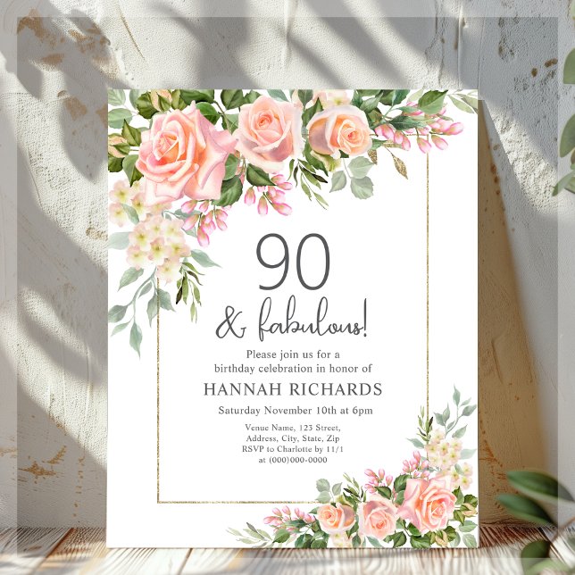 Peach | Pink Roses Floral 90th Birthday Invitation (Creator Uploaded)