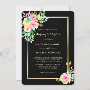 Peach Pink Roses on Black Wedding Invitation
